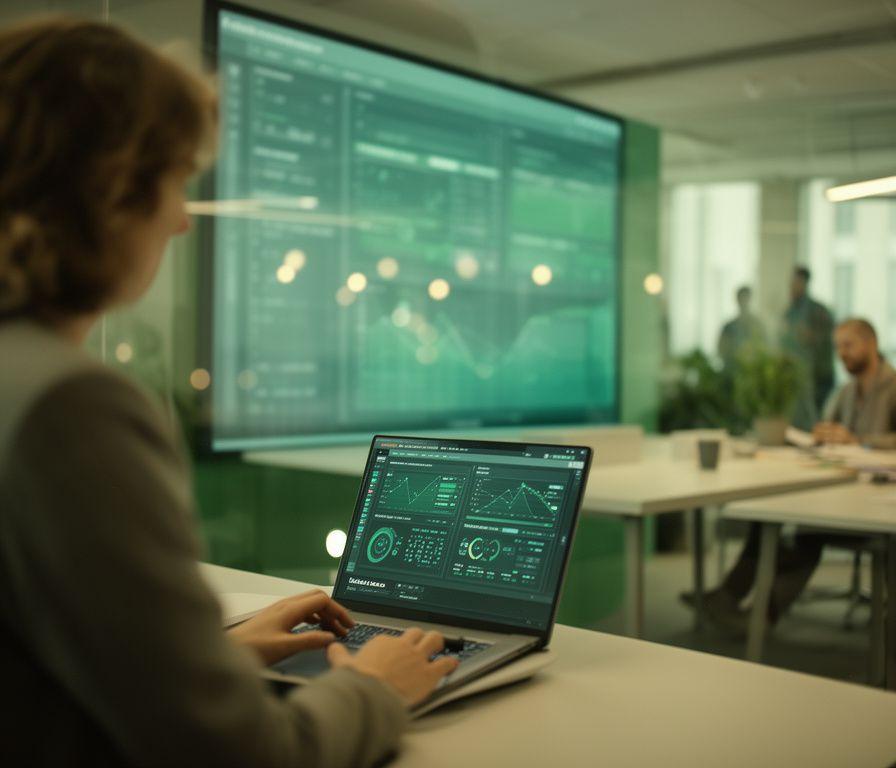 Consultant reviewing an AI dashboard on a large screen in a modern UK office